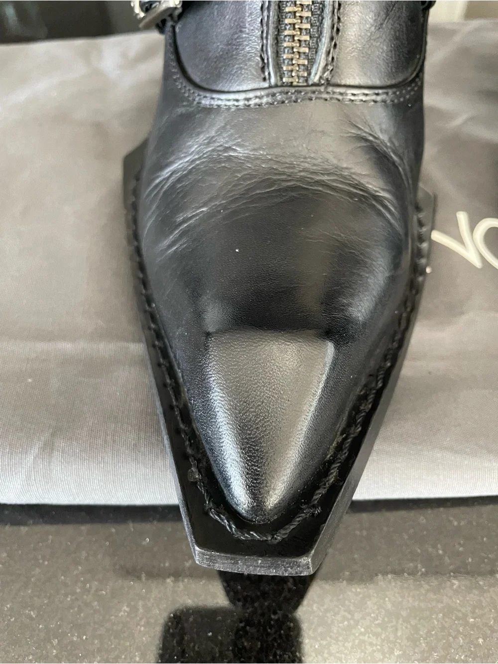 John Fluevog, black swordfish buckle/zip boot. Size 7.
